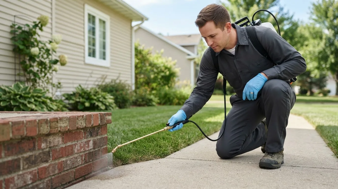 Pest control technician treating a home near Pewamo, MI