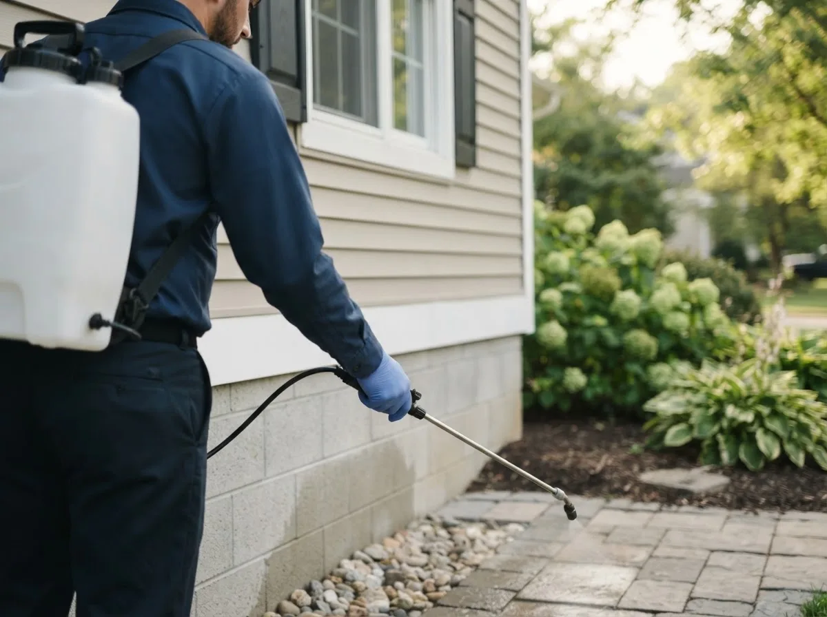 Pest control technician inspecting a home in Pewamo, MI